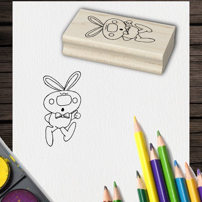 Sello De Caucho Cute Personalizado dibujando miniaturas arriba Bun (Fun Cartoon rabbit thumbs up big nose bow tie on crafting rubber stamp.)