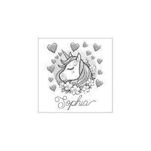 Sello De Caucho Cute Unicorn, Corazones y Flores Rosas, Nombre Per