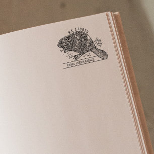 Sello De Caucho Cute Vintage Beaver, Ex Libris Biblioteca Libro 