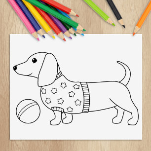 Sello De Caucho Dachshund Wiener Dog and Ball Colour Page