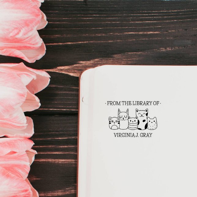 SELLO DE CAUCHO DE LA BIBLIOTECA DE SU NOMBRE DOODLE GATITOS LINDO (Cute cats puppy kitten from the library of EX LIBRIS)