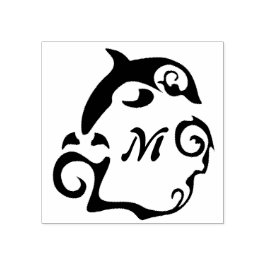 Sello De Caucho Delfín de silueta en un monograma de la ola del ma