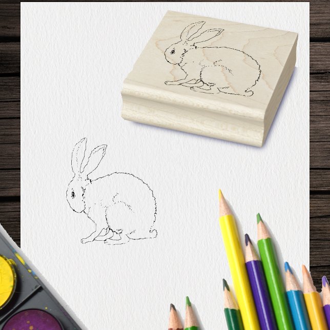 Sello De Caucho Dibujo de esquema de conejo conejito lindo sentado (Outline drawing of fuzzy sitting bunny rabbit on rubber craft stamp.)