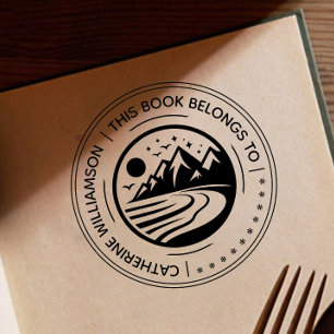 Sello De Caucho Dibujo de la montaña redonda Este libro pertenece 