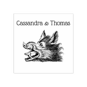 Sello De Caucho Dibujo en blanco y negro de cabeza de jabalí vinta