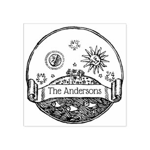 Sello De Caucho Dibujo Vintage Sol Luna Estrellas Océano Tierra No