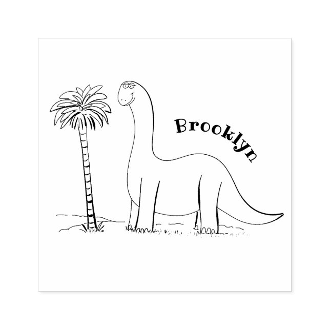 Sello De Caucho Dinosaurio de brontosaurio verde feliz (Impresión)