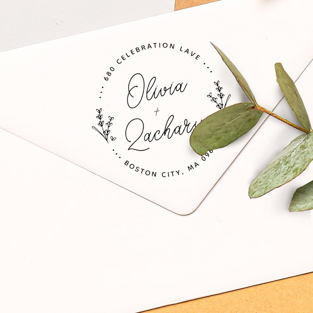 Sello De Caucho Dirección de Boda floral circular de escritura mod (Modern Script Circular Floral Wedding Address Rubber Stamp)