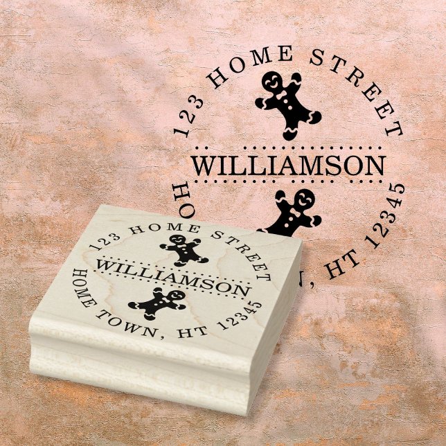 Sello De Caucho Dirección de devolución circular del hombre de pan (Holiday Gingerbread Man Circular Return Address Rubber Stamp)