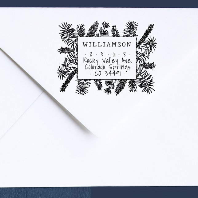 Sello De Caucho Dirección de devolución de agujas de pino de escri (Rustic Pine Branches Handwritten Return Address Holiday Stamp)