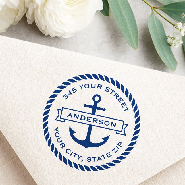 Sello De Caucho Dirección de devolución de apellidos del borde de  (Anchor banner rope border surname return address rubber stamp)