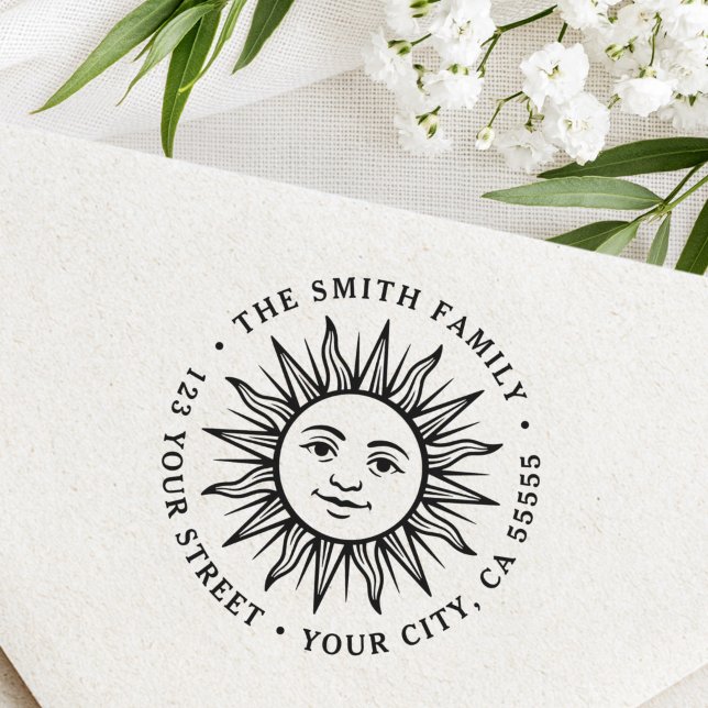 Sello De Caucho Dirección de devolución de carácter de sol boho (Boho sun character return address rubber stamp)