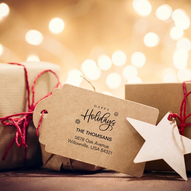 Sello De Caucho Dirección de devolución de la familia Feliz de Sal (Script Happy Holidays Family Return Address Rubber Stamp)