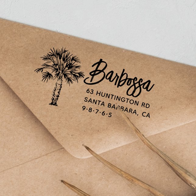Sello De Caucho Dirección de devolución de nombre de familia de es (Palm Tree Handwriting Family Name Return Address Rubber Stamp)