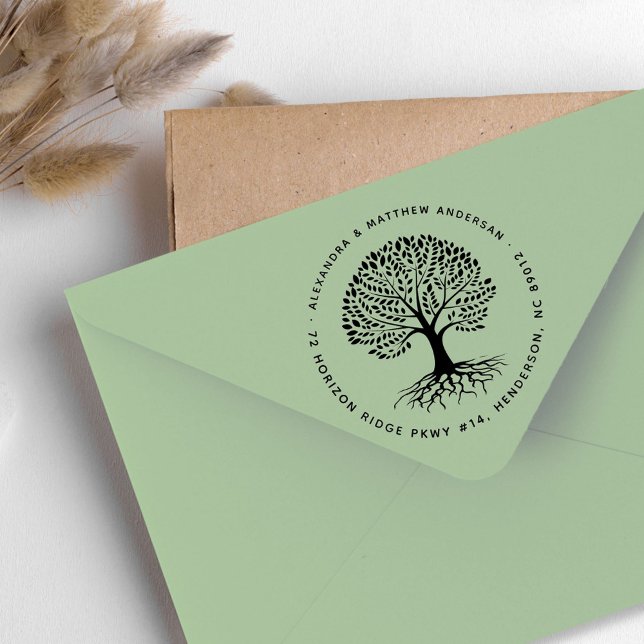Sello De Caucho Dirección de devolución de nombre de pareja de raí (Boho Elegant Tree Roots Couple Name Return Address Rubber Stamp)