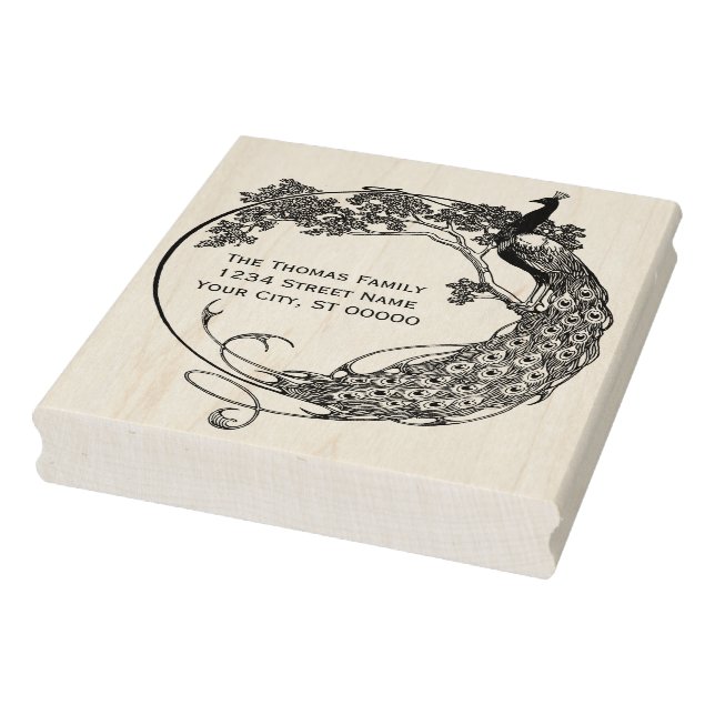 Sello De Caucho Dirección De Nombre Art Nouveau De Peacock In Roun (Sello)