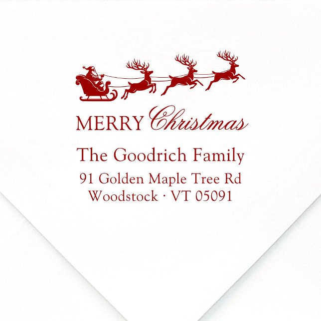 Sello De Caucho Dirección de Regreso navideño a Sleigh Merry de Sa (Festive, script Merry Christmas return address stamp featuring elegant Santa's Reindeer Sleigh red)