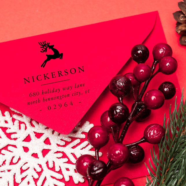 Sello De Caucho Dirección de retorno de renos en el salto (Leaping Reindeer Return Address Rubber Stamp)