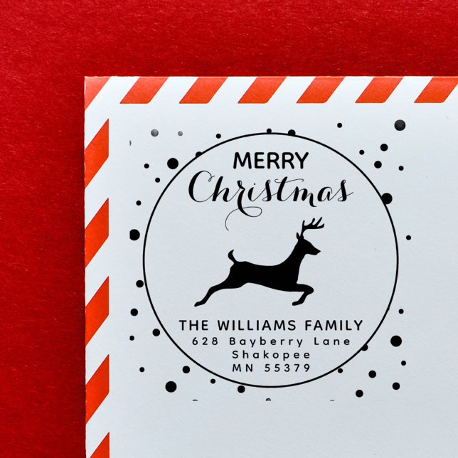 Sello De Caucho Dirección de retorno de vacaciones de renos festiv (Festive Reindeer in the snow globe Holiday Return Address Rubber Stamp)