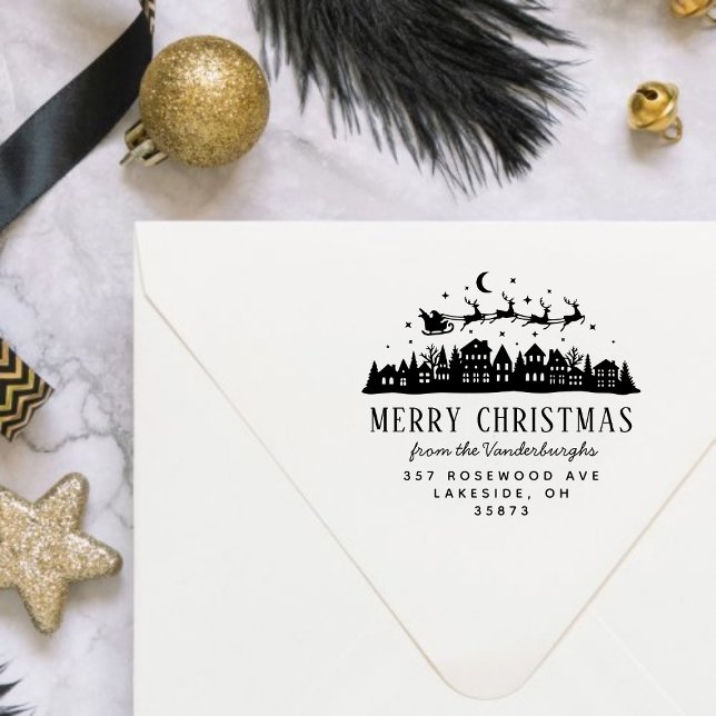 Sello De Caucho Dirección de retorno del Personalizado de renos de (Santa Claus Sleigh Reindeer Custom Return Address Rubber Stamp)