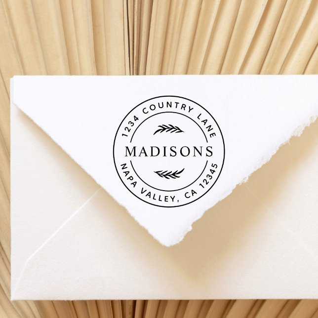 Sello De Caucho Dirección de retorno redondo moderno de hojas botá (Subido por el creador)