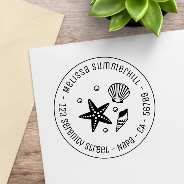 Sello De Caucho Dirección redonda Nautical Seashell Starfish Pearl (Subido por el creador)