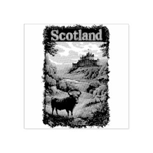 Sello De Caucho Diseño escocés: Vaca Highland, castillo y paisaje
