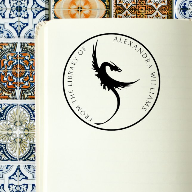 Sello De Caucho Dragón gótico Nombre personalizado Libro de biblio (Gothic Dragon Elegant Vintage Library Book Stamp)