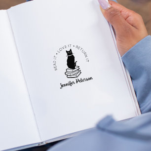 Sello De Caucho El gato lo lee, me encanta, regresa, libro