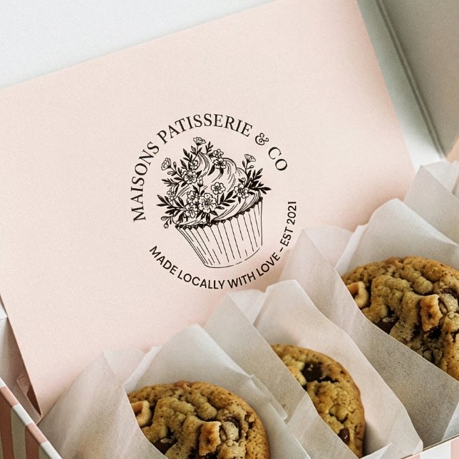 Sello De Caucho Elegant Hand Drawn Floral Cupcake Bakery Business  (Elegant Hand Drawn Floral Cupcake Bakery Business Rubber Stamp)