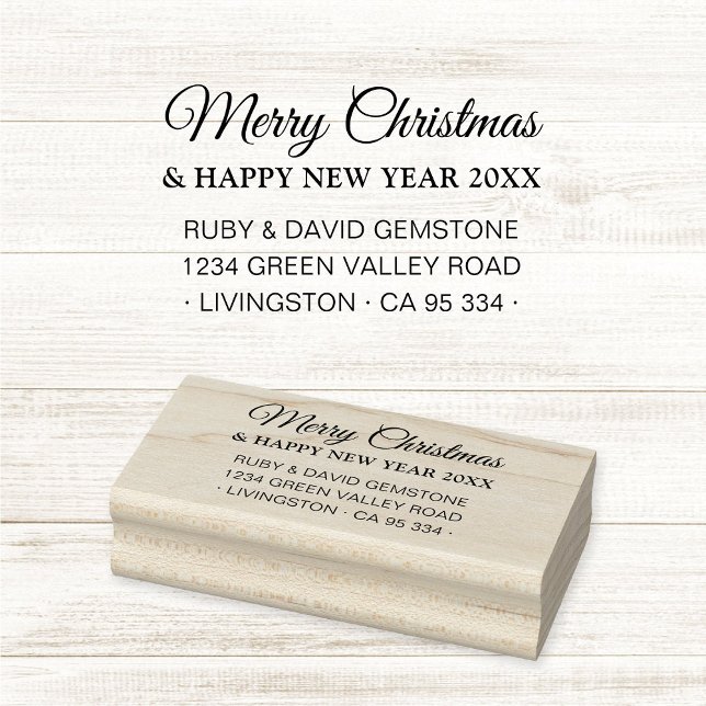 Sello De Caucho Elegant Script Holiday Return Address  (Modern and elegant classic script Merry Christmas & Happy New Year return address rubber stamp.)