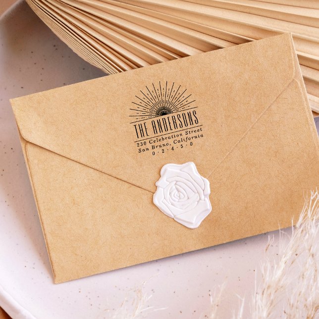 Sello De Caucho Elegante Art Deco Sun Nombre personalizado y direc (Subido por el creador)