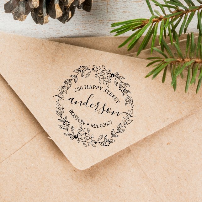 Sello De Caucho Elegante dirección de guirnaldas de invierno (Elegant Winter Wreath Address Rubber Stamp)