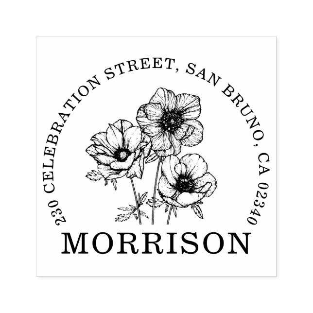 Sello De Caucho Elegante Flores Anemónicas Nombre Dirección de Ret (Impresión)