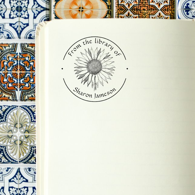 Sello De Caucho Elegante girasol/ De la biblioteca de/ nombre / (Custom Name Elegant From The Library Sunflower Library Books Stamp)