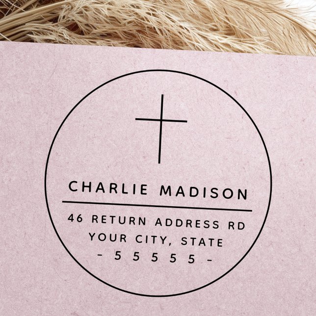 Sello De Caucho Elegante marco de cruz redondeado dirección de ret (Elegant cross round frame Christian return address Rubber Stamp)