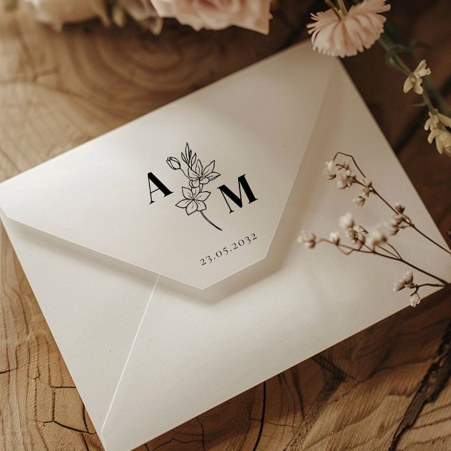 Sello De Caucho Elegante, Monograma, Flor de Arte de Línea, Boda (Elegant, Monogram, Line Art Flower, Wedding Rubber Stamp)