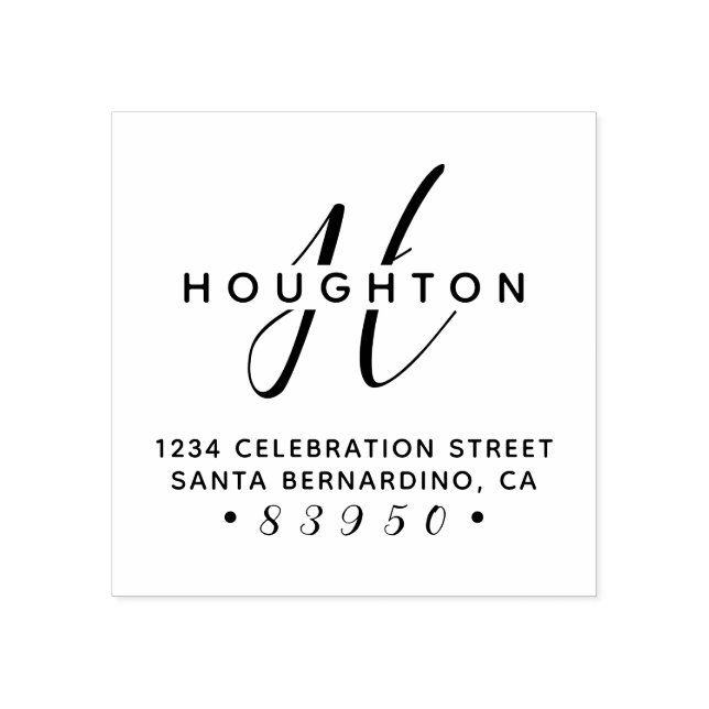 Sello De Caucho Elegante Monograma Script Nombre de familia Direcc (Impresión)