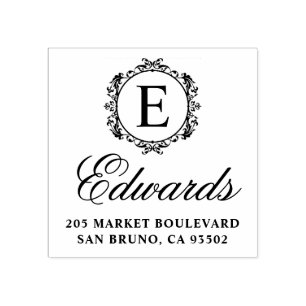 Sello De Caucho Elegante Monograma Script Nombre de familia Direcc