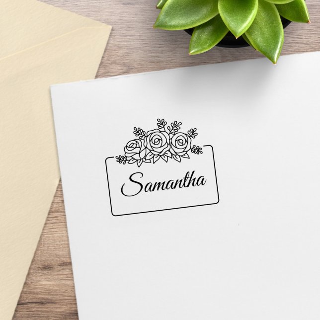 Sello De Caucho Elegante Rosa Flores marco Bouquet Nombre personal (Subido por el creador)
