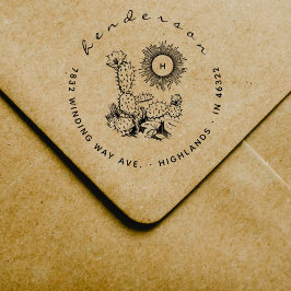 Sello De Caucho Elegante Script Blooming Cactus Sun Return Address
