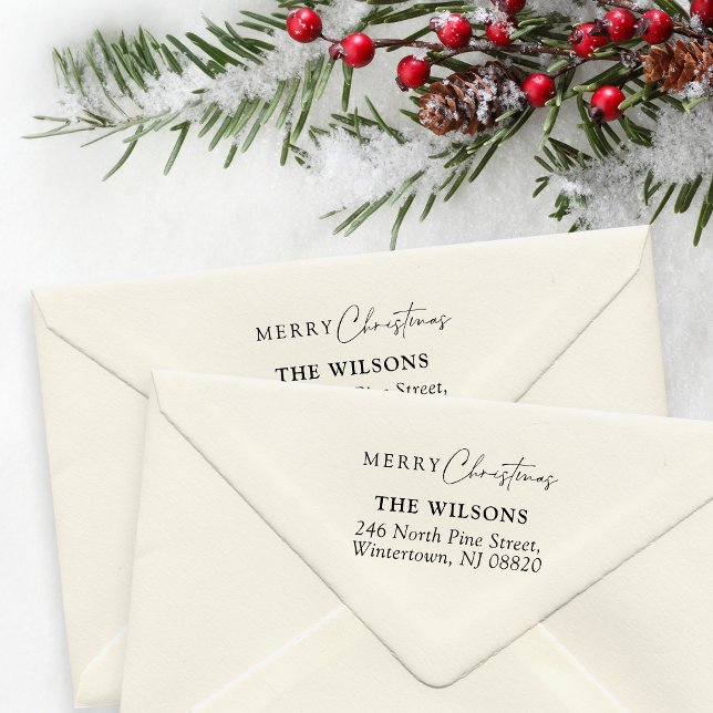 Sello De Caucho Elegante Script Merry Christmas Return Address (Elegant script 'Merry Christmas' mailing stamp with personalizable family name and address)