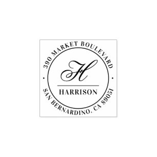 Sello De Caucho Elegante Script Monograma Nombre de familia Direcc