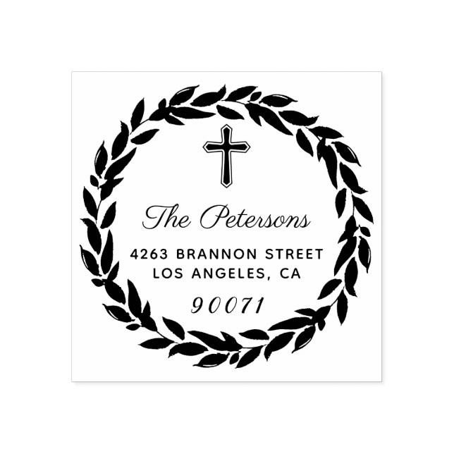 Sello De Caucho Elegante Wreath Religious Cross Return Address (Impresión)