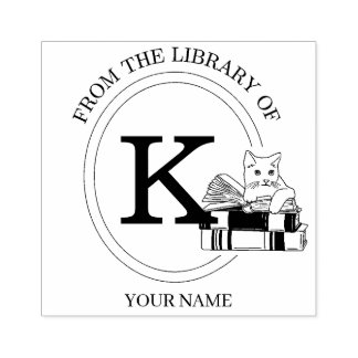 Sello De Caucho Embosser de libro de gato con monograma de la bibl
