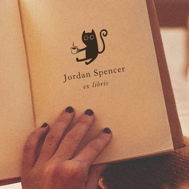 Sello De Caucho Ex Libris Biblioteca Cat & Coffee Placa de Libro (Rubber Stamp Mock-up)