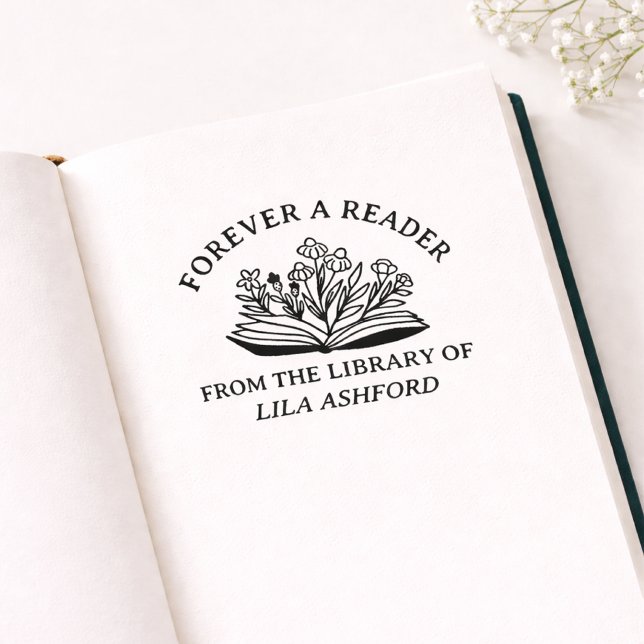 Sello De Caucho Ex libris de libro abierto floral (forever a reader from the library of)