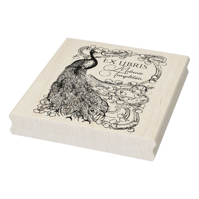 Sello De Caucho Ex Libris de rama cubierta de flores con pavo real (Sello)