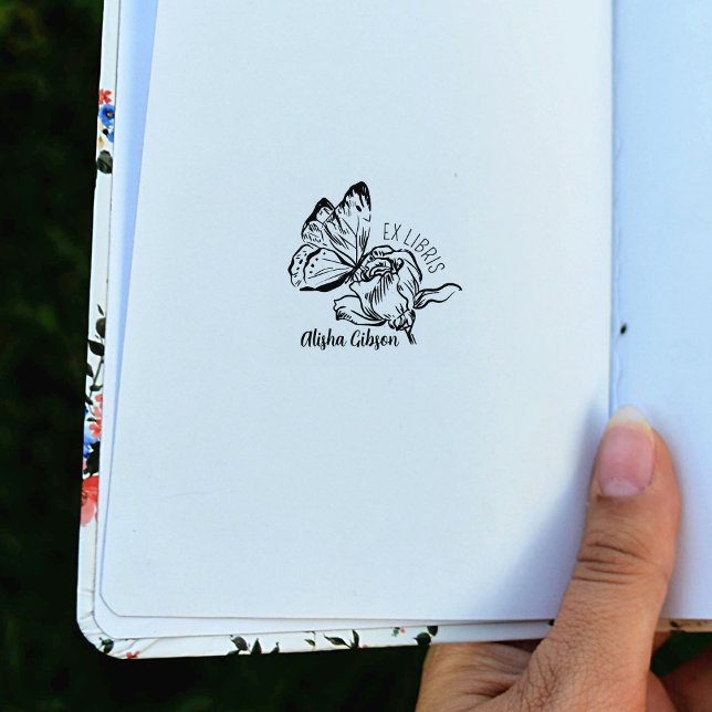 Sello De Caucho Ex Libris Flor Mariposa Moderna, Libro (Subido por el creador)