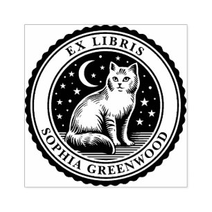 Sello De Caucho Ex Libris - Gato Nocturno